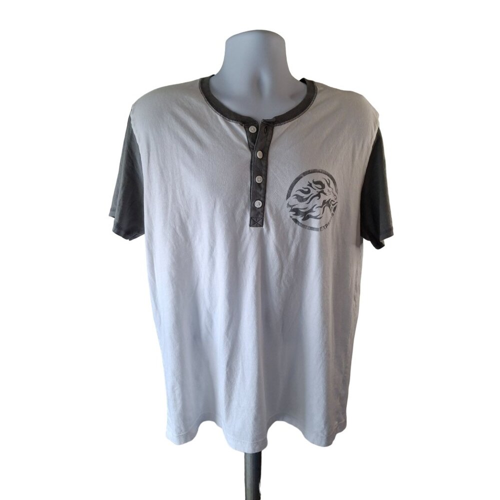 Express Mens TShirt XL White Gray Henley Short Sleeve Logo Gorpcore Classicore